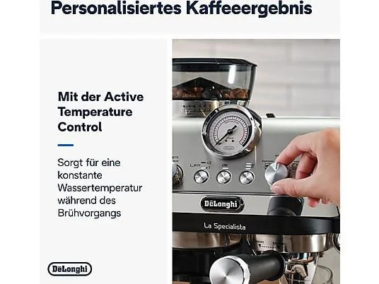 De'Longhi La Specialista Arte EC9155.MB, manuel espressomaskine, integreret kværn med 8 formalingsgrader, aktiv temperaturkontrol, MyLatte Art-dampdyse, metal/sort